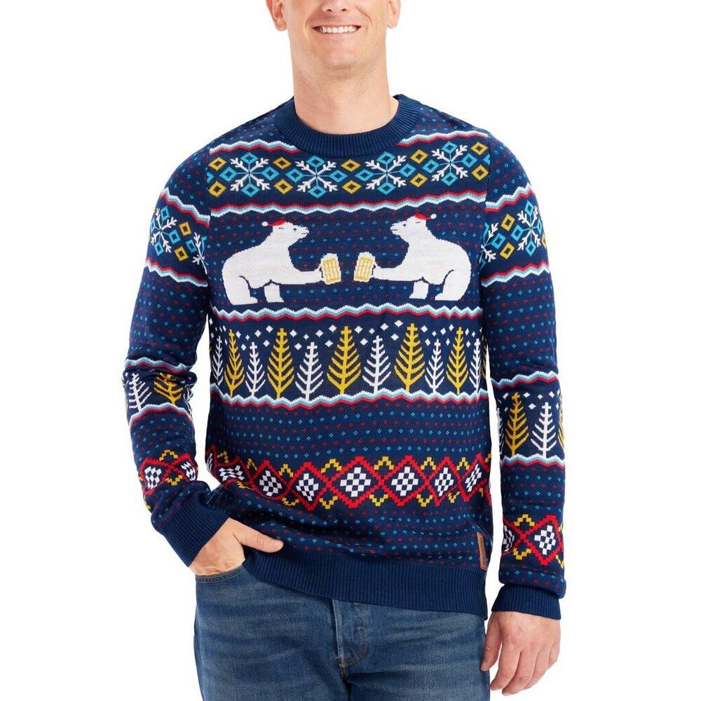 Tipsy Elves Mens Polar Bear Party Ugly Christmas Sweater M Blue Festive Pullover